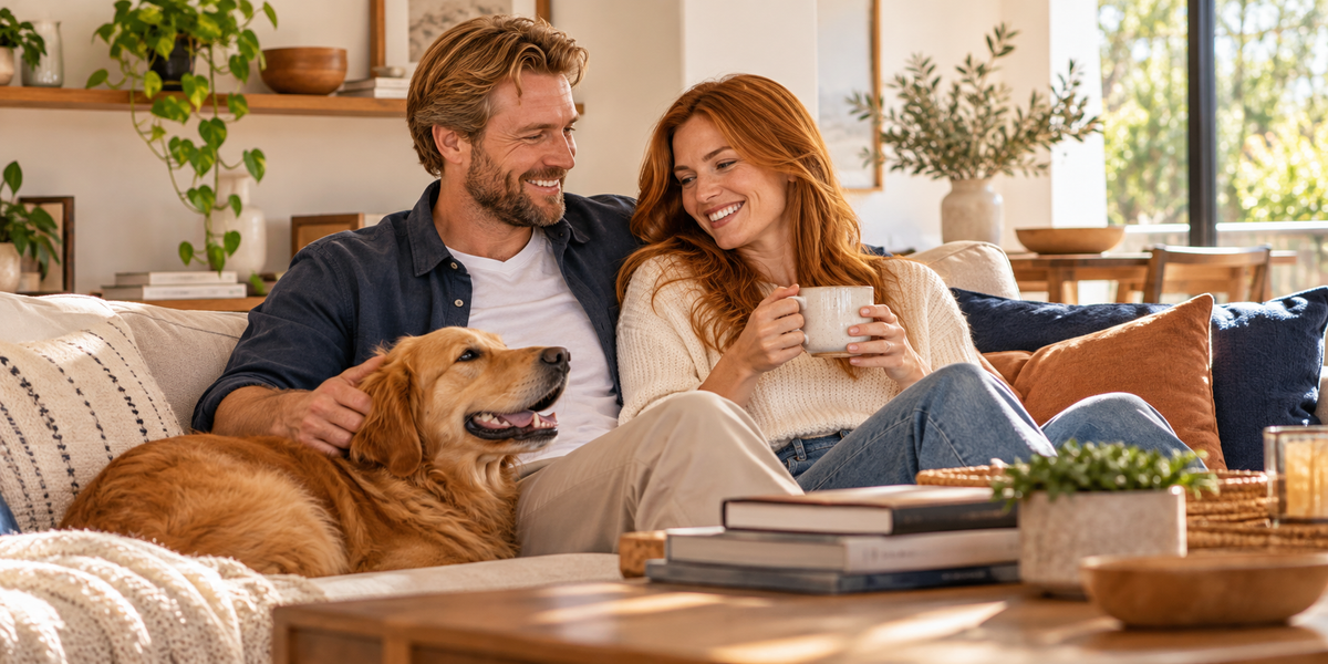 A couple relaxing with their golden retriever in a cozy, sunlit living room.